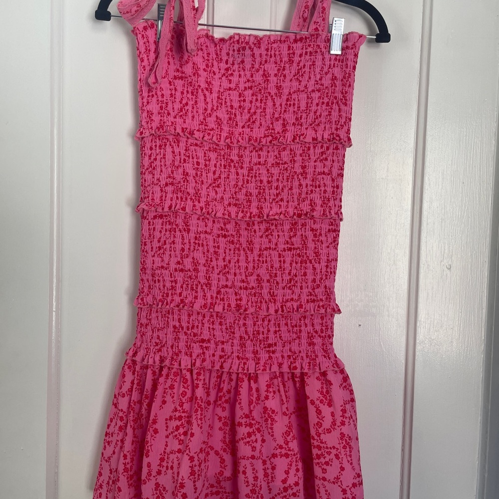 Pink and Red Floral Ruched Mini Dress with Adjustable Tied Bow Straps